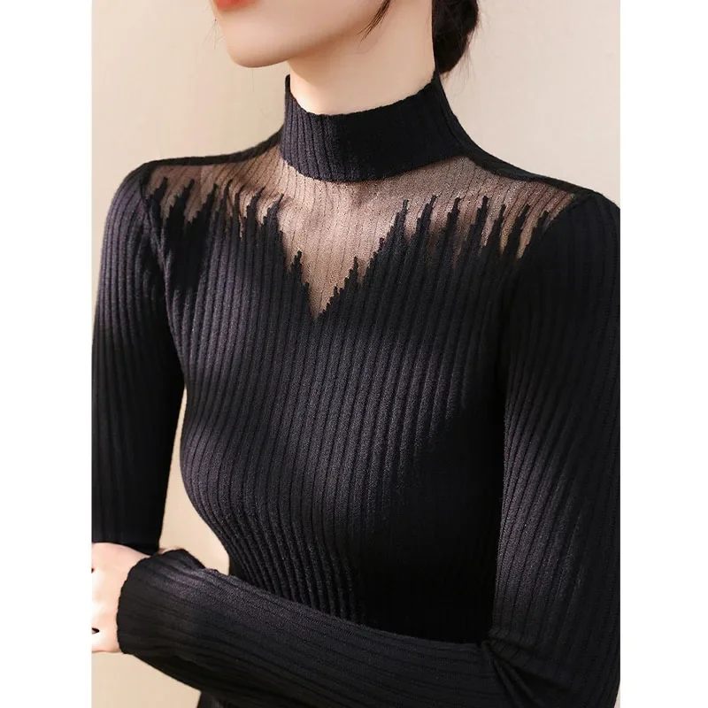 가을 겨울 신상 솔리드 레이스 풀오버 여성 의류 우아한 니트 스웨터 패션 홀로우 아웃 엘라스틱 슬림 탑