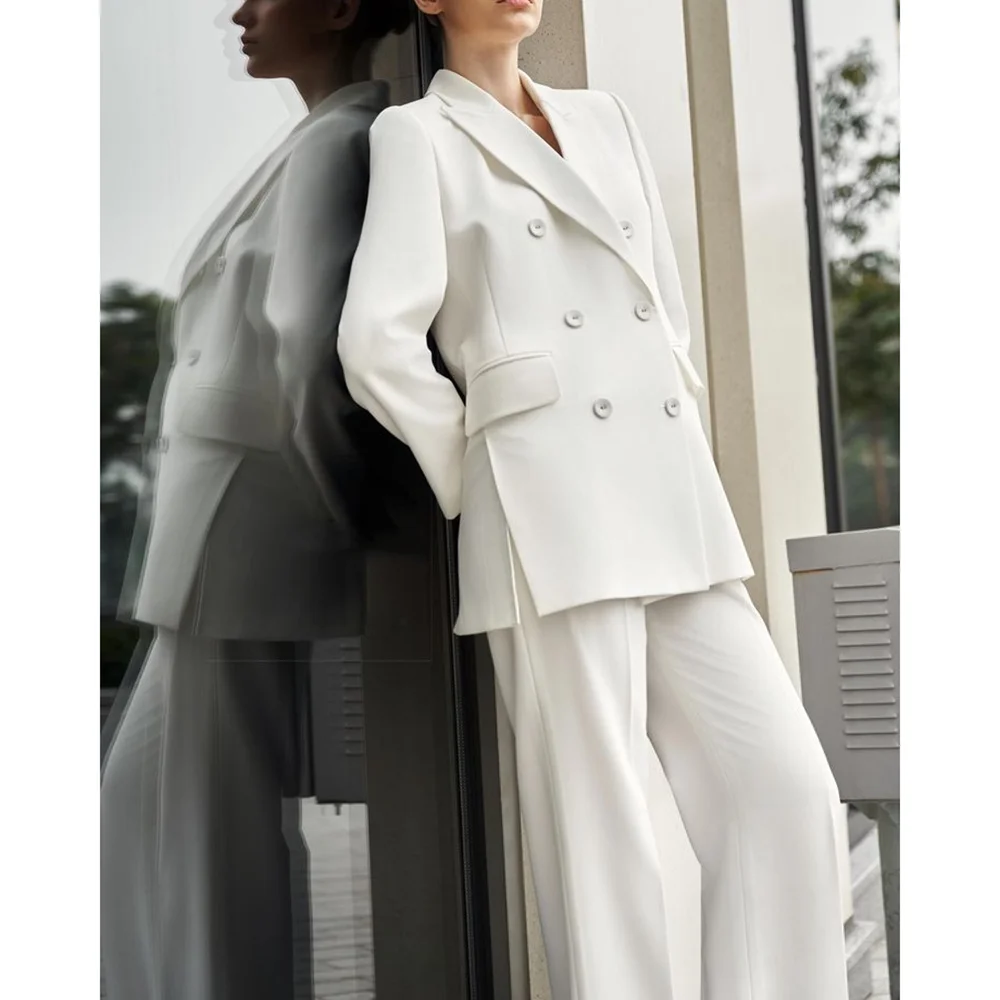 

Fashion White Double Notched Women Set New Female Two Pieces (Blazer+Trousers) Formal Evening Party Suit Daily Office Lady Set