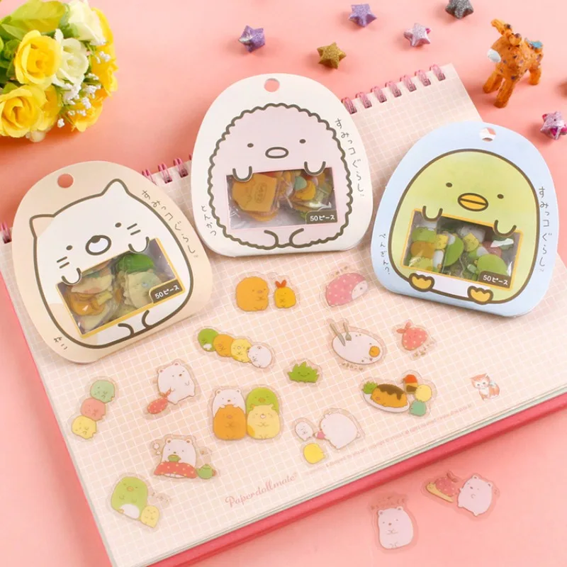 50Pcs/Pack Cartoon Kawaii Pvc Stickers PVC Lovely Cat Bear Sticker for Diary DIY Good Adhesion Stationery Notebook Stickers