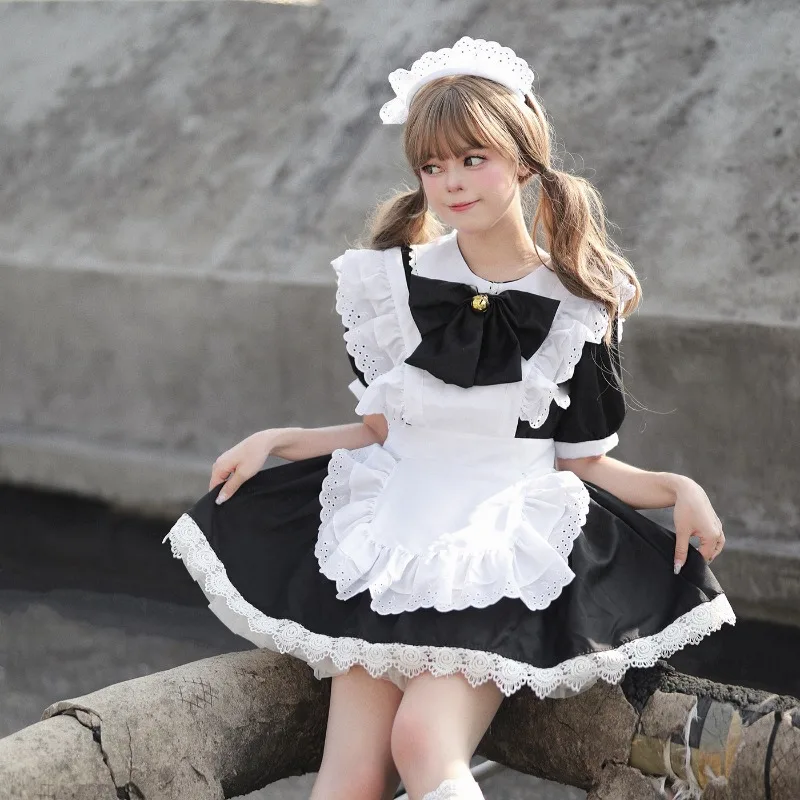 

Cute Lolita Girl Black White Maid Dress Japanese Anime Cosplay Outfit