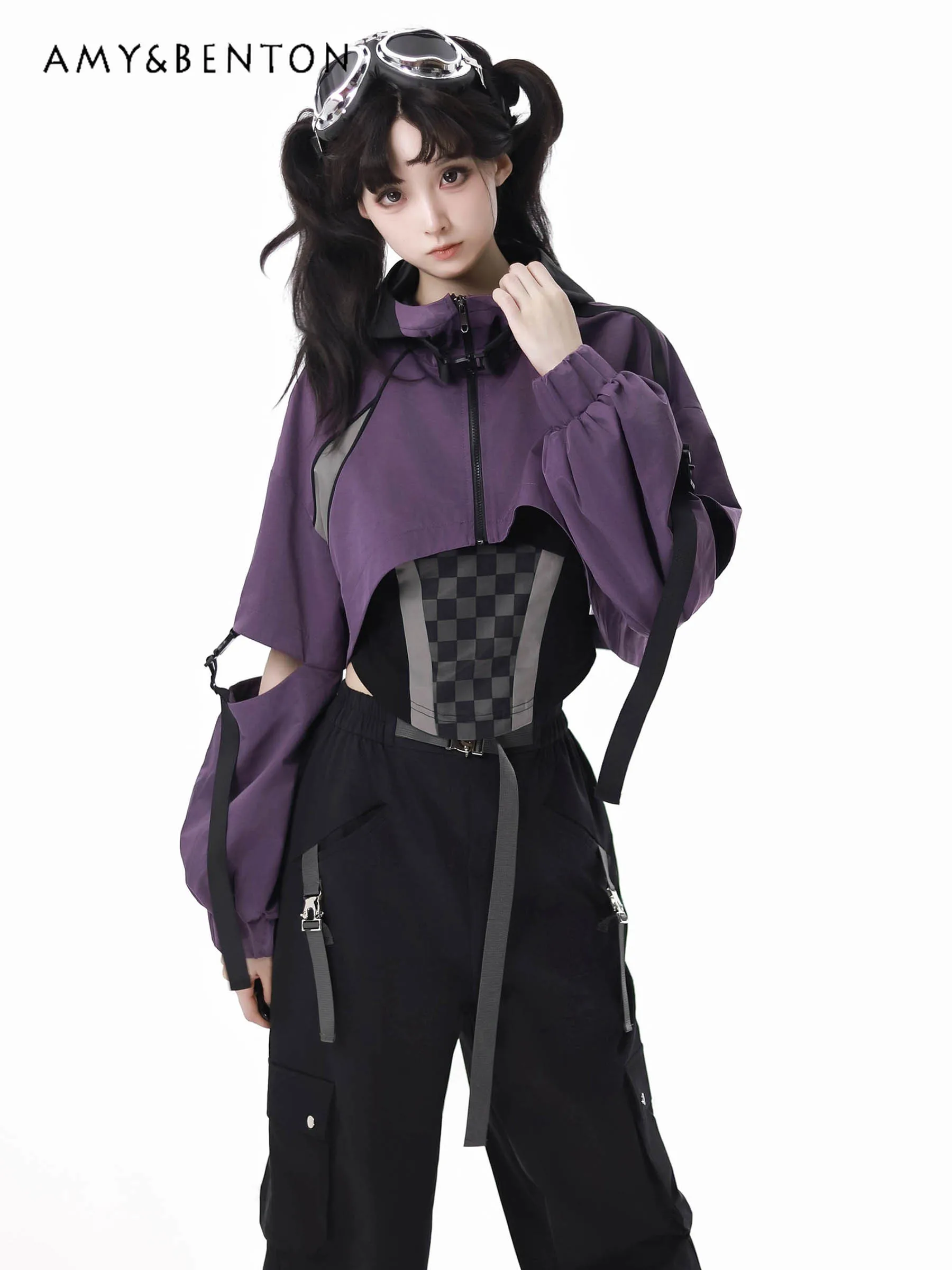 Sweet Cool Hot Girl Purple and Black Plaid Splicing Jacket Casual Pants Two-piece Set Autumn Winter New Subculture Y2K Outfits