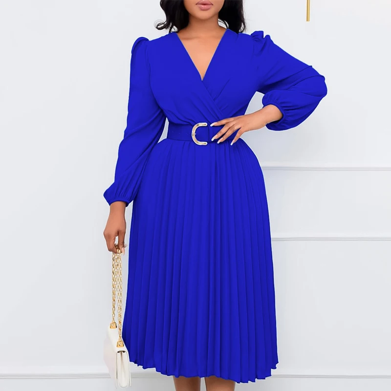 Large Women's 2023 Autumn/Winter New Fashion Long Sleeve V-Neck Pleated Mid length Belt Temperament Dress Clothes Dropshipping