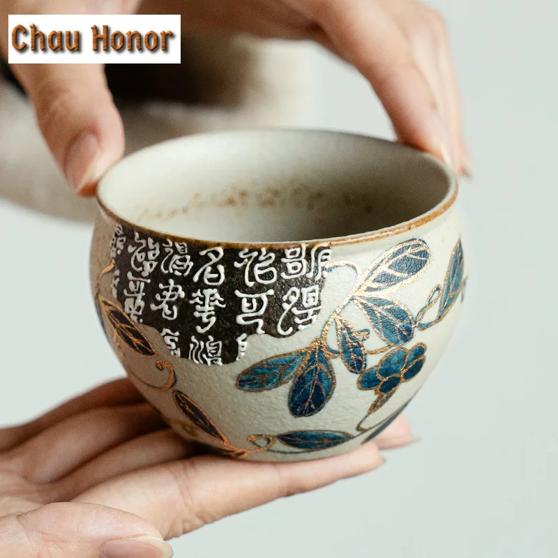 160ml Blue And White Flint Red Teacup Handmade Gold Drawing Branch Lotus Tea Bowl Zen Coffee Mug Smelling Cup Water Jug Teaware