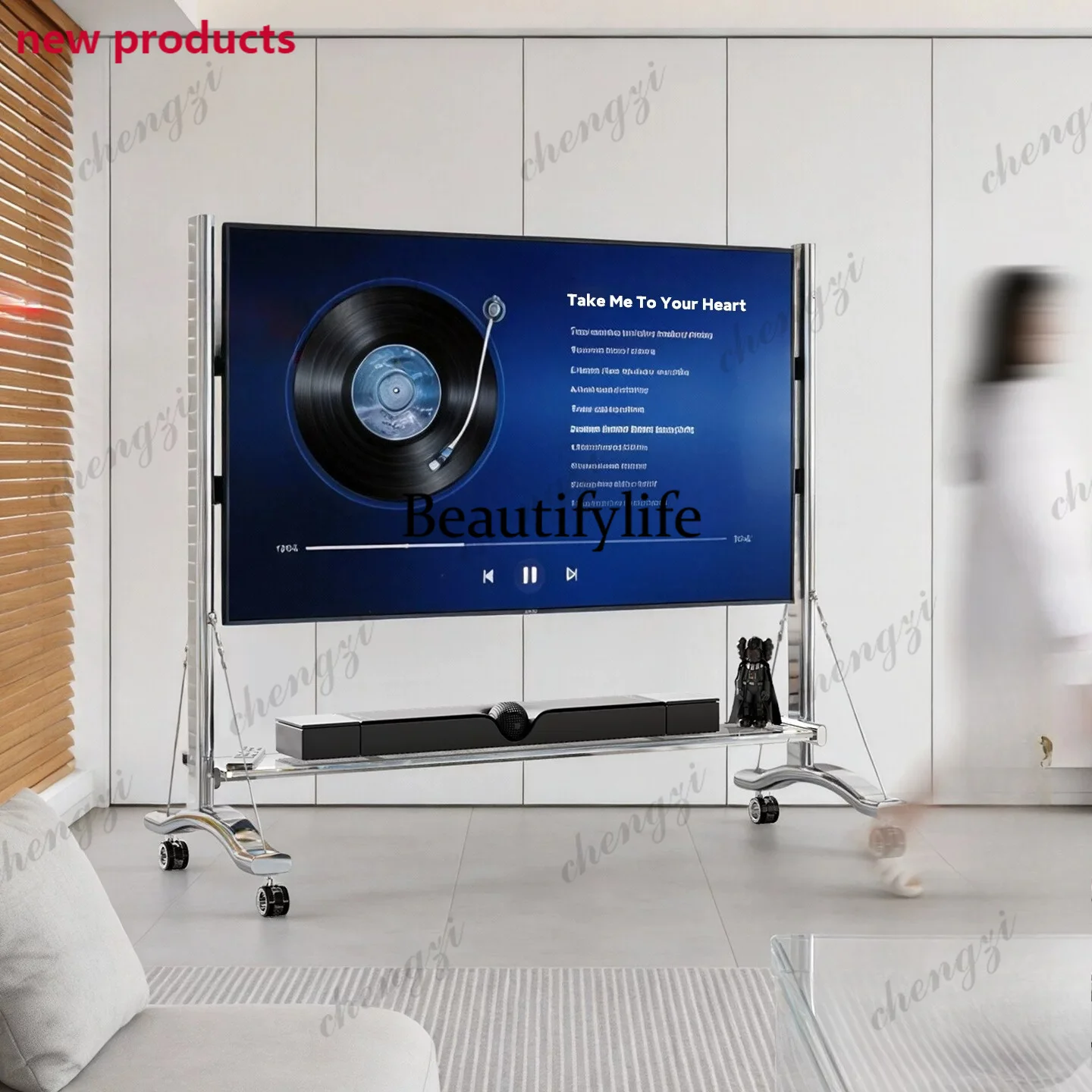 A68Light luxury stainless steel TV removable bracket living room light luxury Bauhaus TV cabinet floor cart