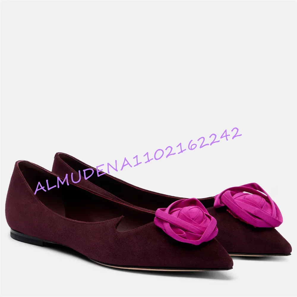 Women Suede Pointed Toe Flat Shoes 3d Rose Flower Decor Slip On Ballet Flats Elegant Daily Wedding Party Comfort Dress Footwear