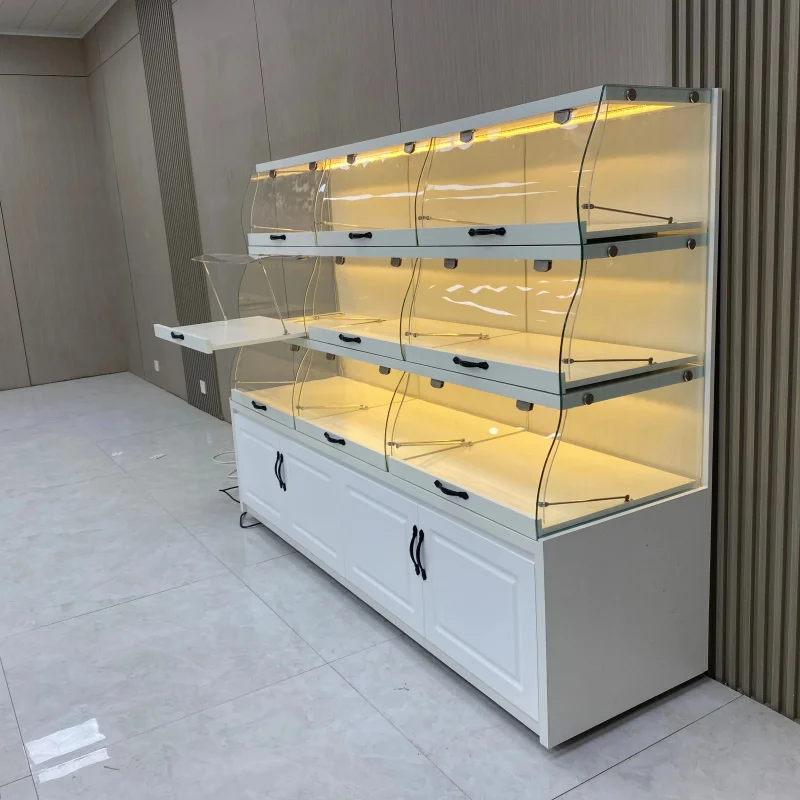 

Customize.2025 Trendy Bakery Display Rack Custom Glass and Wood Shelf Bread and Dessert Shop Shopping Mall Use