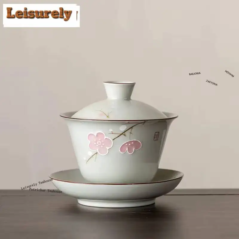 160ml Pure Hand-painted Spring Peach Blossoms Gaiwan Ancient Three Talents Tea Tureen Tea Maker Cover Bowl Drinkware Ornaments