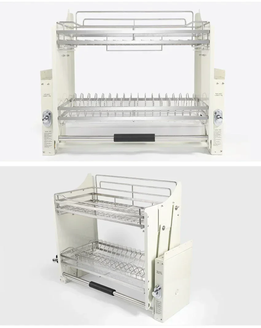 

Kitchen Hanging Cabinet Lifting Pull Basket 304 Stainless Steel Dish&Bowl Racks Damping Buffer 4-speed Adjustment Drawer Baskets