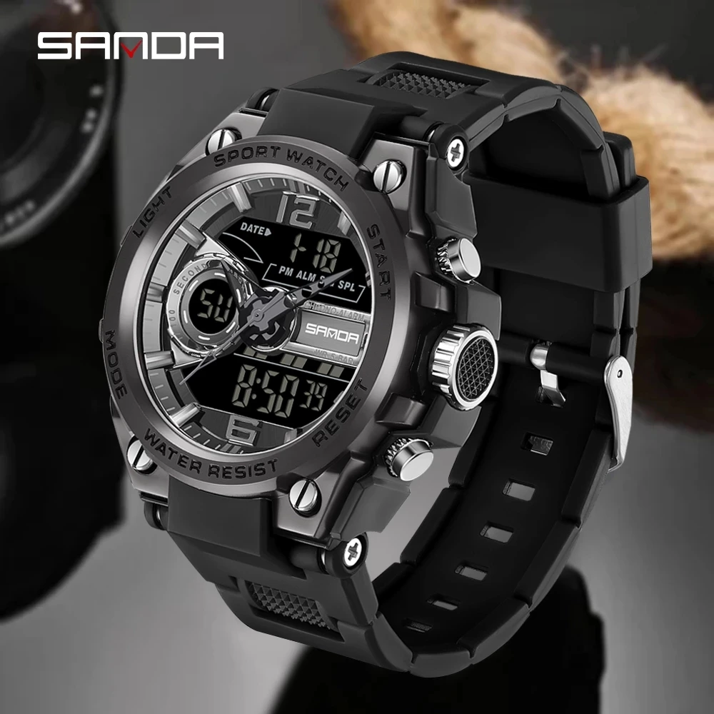 SANDA 6092 New Sport Military Men's Watches 50M Waterproof Quartz Wristwatch LED Digital Watch for Male Clock Relogios Masculino