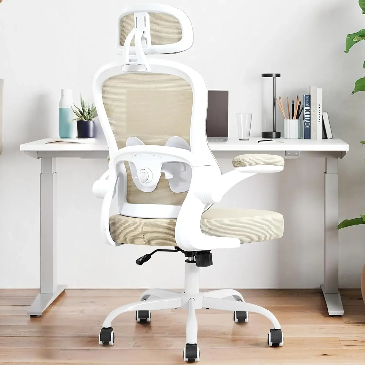 

Ergonomic Office Chair,Office Desk Chair with Lumbar Support and Headrest,Spring Cushion,Rocking Function,Flip-up arms,Khaki