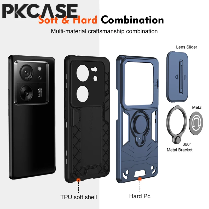 PKCASE Shockproof Camera Lens Slide Push Window Protection Case For Honor X7B Car Magnetic Ring Stand Armor Cover For Honor X8B