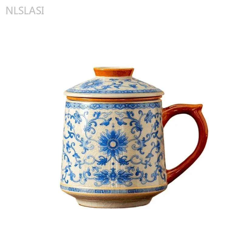 430ml Blue and White Ge Kiln Entwined Lotus Office Cup Ceramic with Lid Tea Water Separation Cup Household Chinese Tea Cup