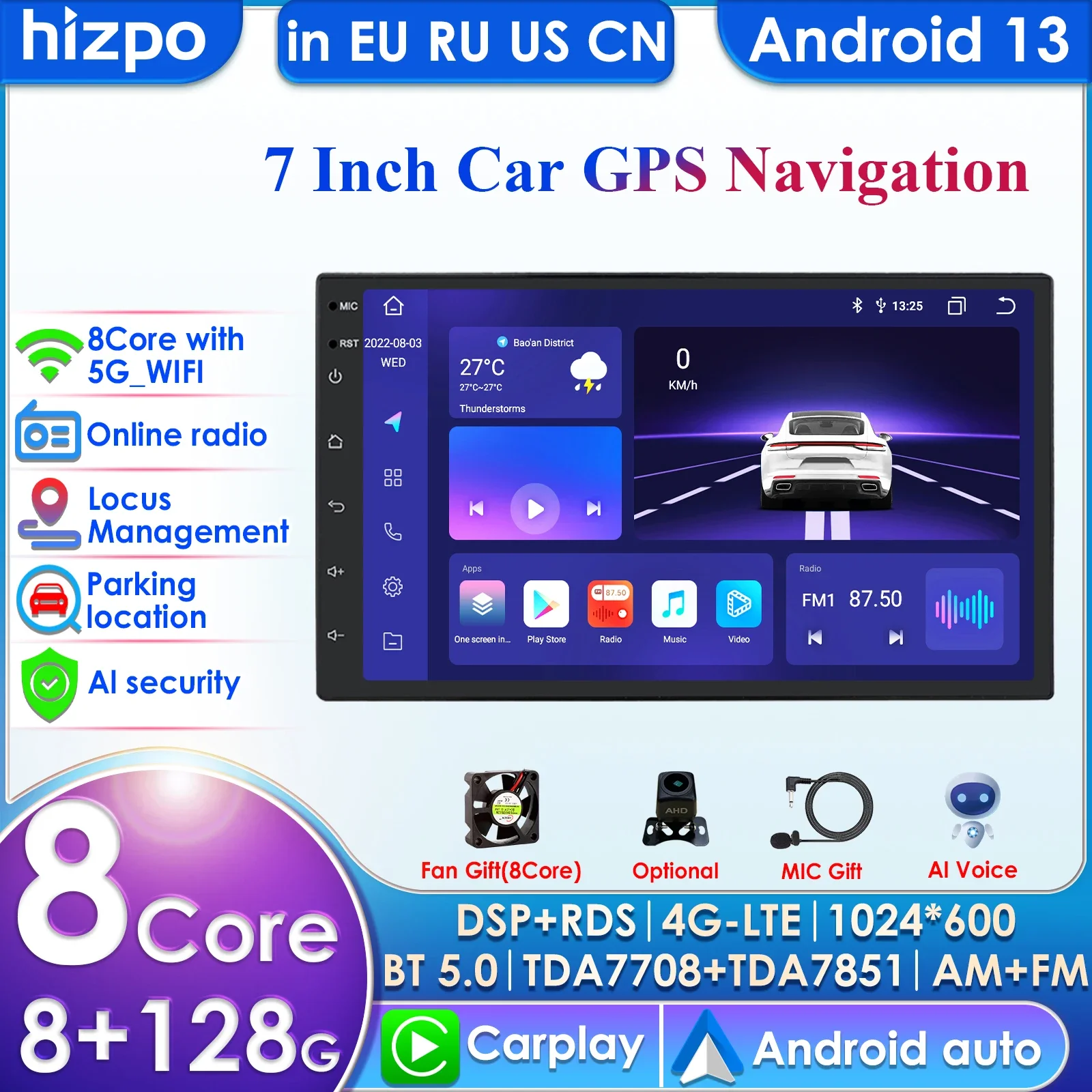 2G+32G 7 Inch 2 Din Android Auto Car Radio GPS for Universal Stereo Multimedia Player Navigation Head Unit RDS Autoradio Carplay