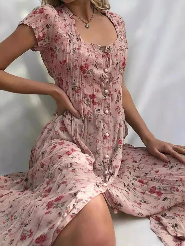 Summer New Single-breasted Floral Short Sleeved Women\'s Dresses Fashion Slim Elegant Female Casual Beach Swing Dresses 2024