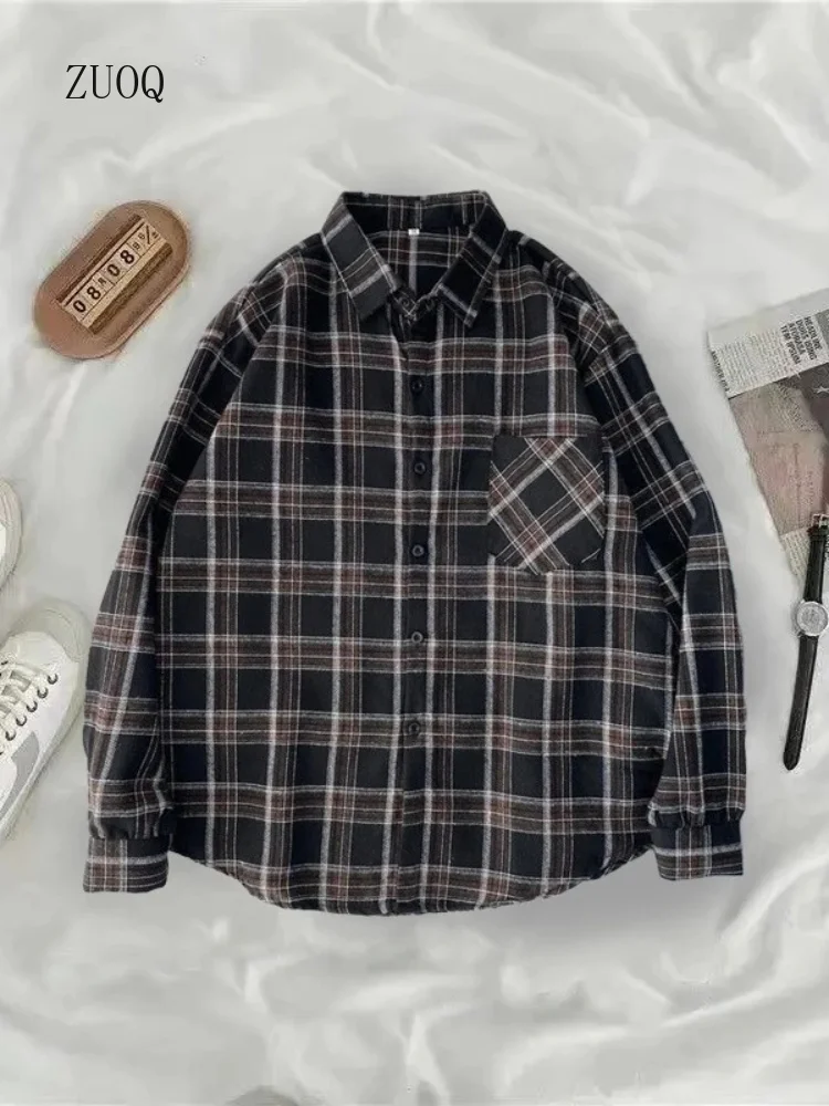 2026 Vintage Oversized Plaid Shirts Men Streetwear Long Sleeve Blouses Harajuku Korean Pocket Loose Casual Tops Man
