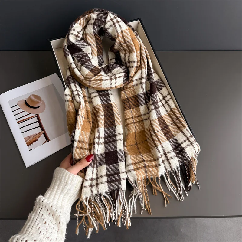 Luxurious printed autumn and winter fresh checked warm scarf shawl commuting versatile tassel imitation cashmere scarf