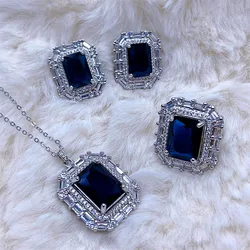 Luxury European and American Blue Zirconia Women's Jewelry Set Rectangular Ring/earrings/pendant Necklace Engagement Jewelry