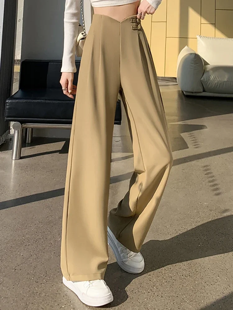 

Classic Irregular Fashion High Waist Slim Female Wide-Leg Pants Vintage Chic Button Basic Solid Color Simple Casual Women Pants