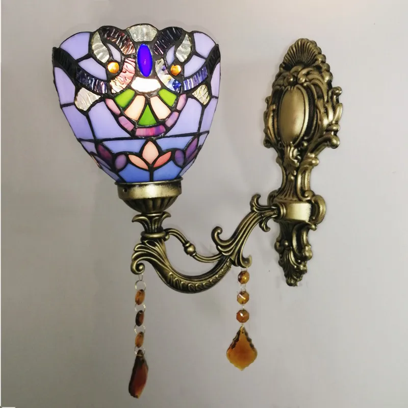 

Vintage Mediterranean Aisle Corridor Balcony Bedroom Bedside Lamp Tiffany Stained Glass Pastoral Mirror Front Wall Lamp