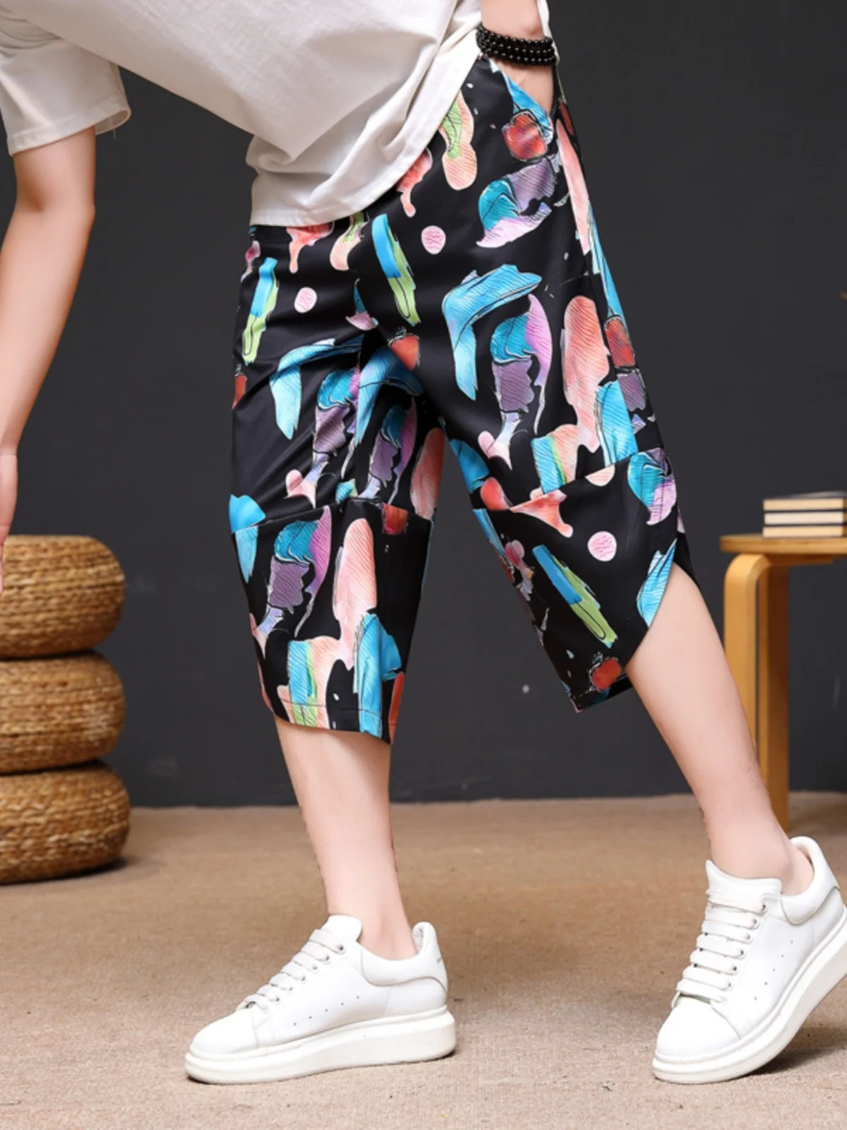 

New Faionable Loose Ice Silk Seven-Foot Pants for Men Printed Splice Cool Casual f-Length Pants Low Waist Wide Leg