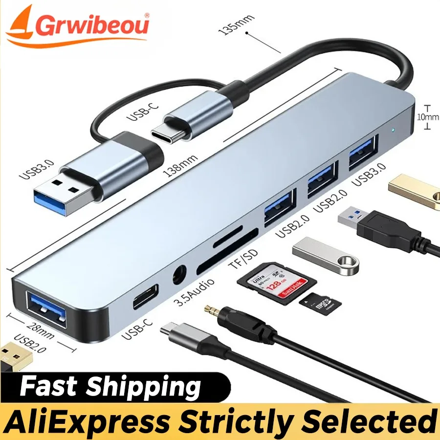 8 in 1 USB 3.0 HUB USB-C HUB Dock Station 5Gbps High Speed Transmission USB Splitter Type C To USB OTG Adapter for Macbook Pro