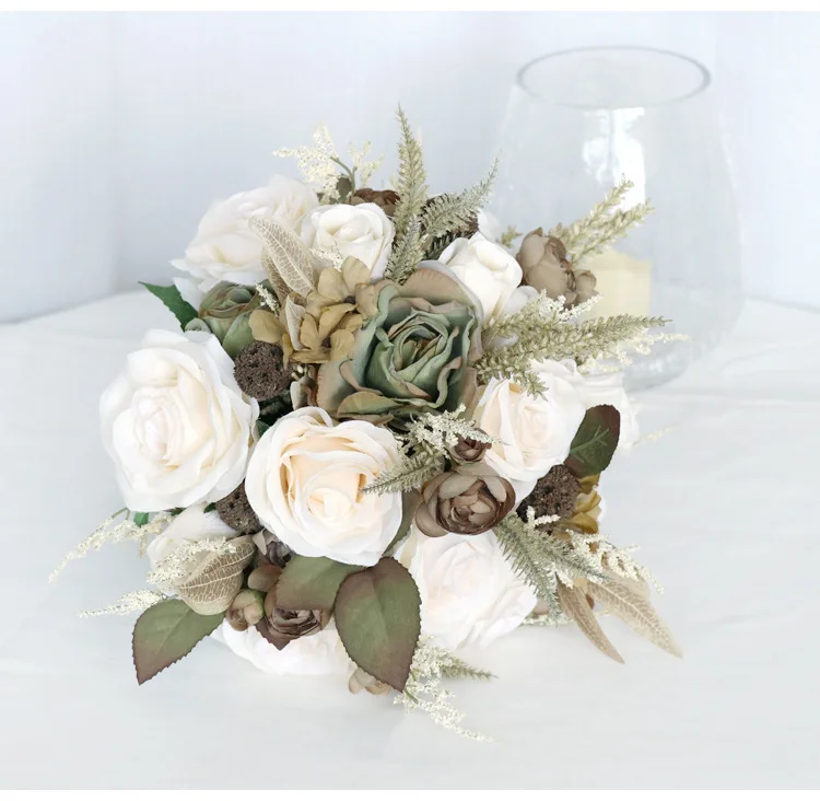 Bouquet de mariée poney vintage, ivoire, blanc et marron, fausses fleurs, pour un mariage en plein air, 2023