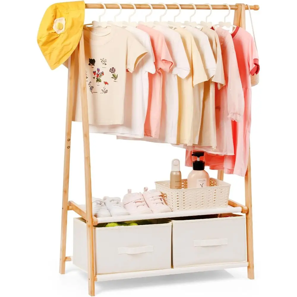 

Kids Clothing Rack or Hanging Clothes, Small Toddler Clothes Racks Bamboo Wooden Garment DrUp Storage Costume Rack with 2 Shelve