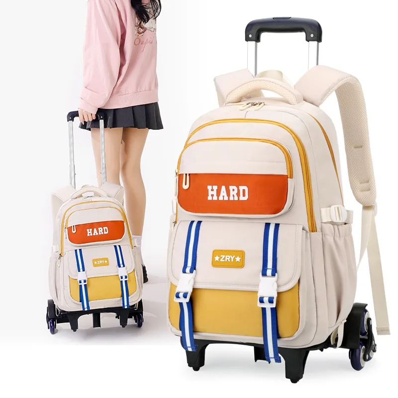 New Solid Color Girls Rolling Backpack Luggage with Wheels Schoolbag Elementary School Student Trolley Daypack Cute Bookbags