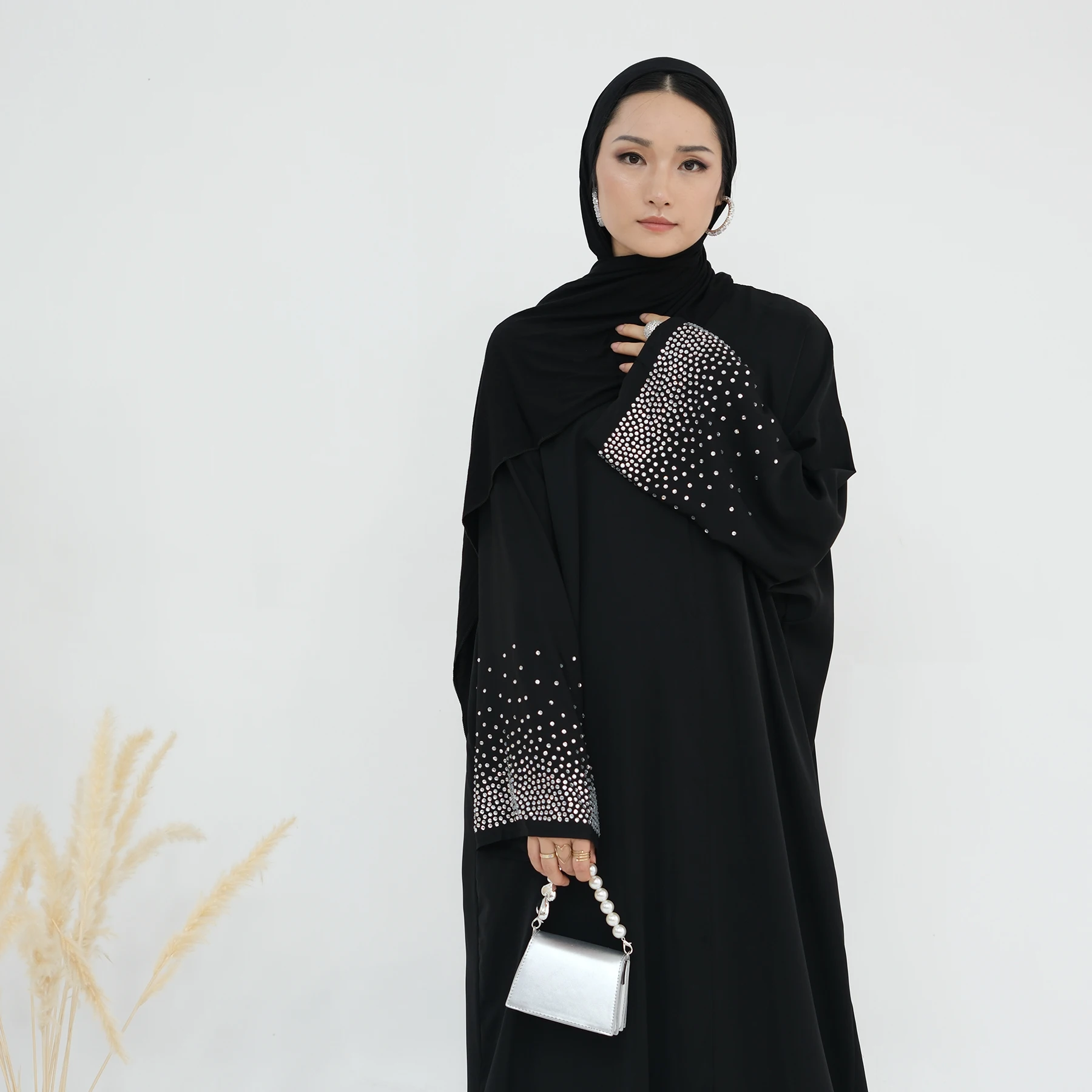 Rhinestone Hotfix Open Front Snap Buttons Dubai Abaya, Muslim Women Kimono Outwear, Islamic Clothing, Hijabi, Ramadan, No Scarf