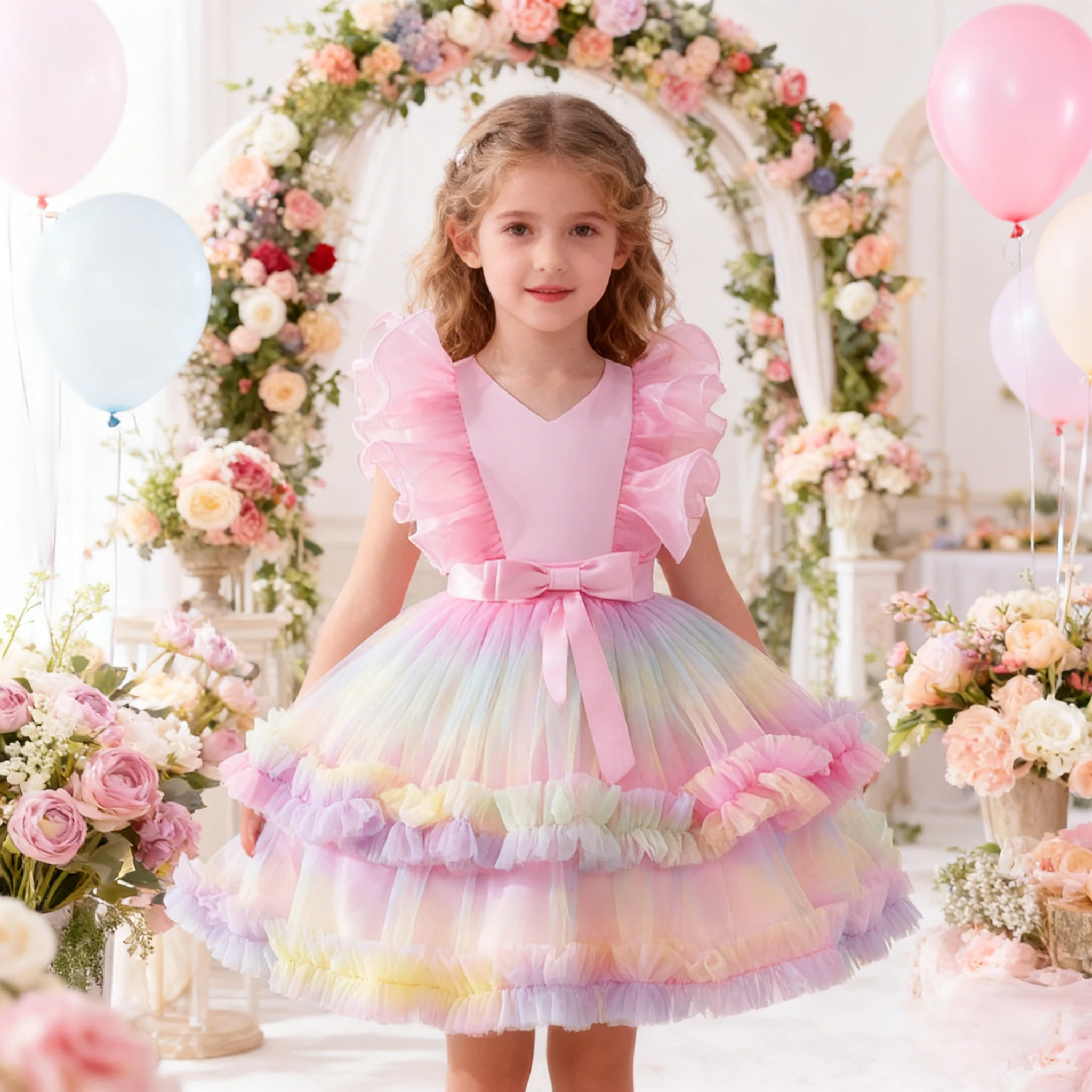 

Тюлевое карнавальное платье принцессы для девочек, летнее сетчатое платье с пышными рукавами для девочек, радужное платье Лолиты, костюмы для дня рождения, детская одежда