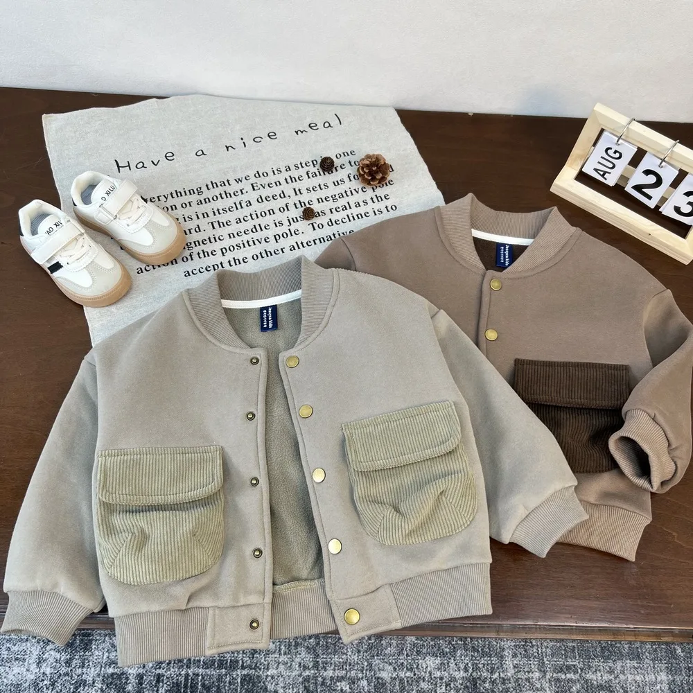 

Вельветовые куртки для мальчиков и девочек, осень-зима 2022, новые корейские модные лоскутные однобортные пальто с длинными рукавами