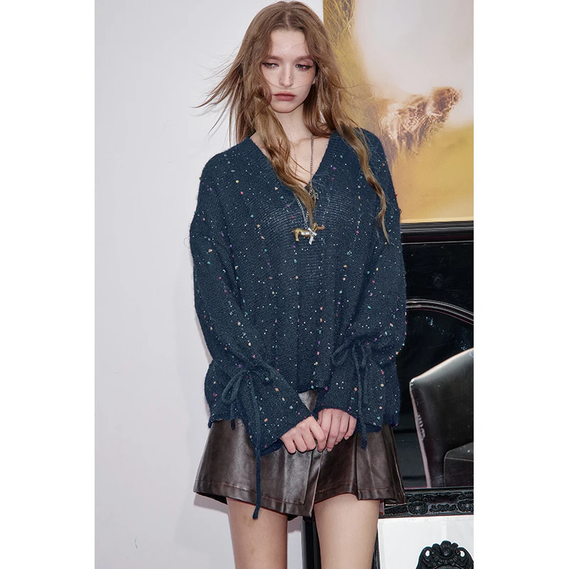 ELFSACK Casual Elegant V Neck Sweater for Woman Oversized Loose Long Sleeve Knitwear with Dots Drawstring Cuffs Romantic