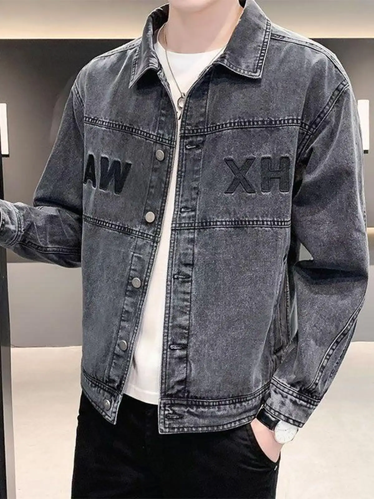 

Loose Casual Men's Denim Jaet Fall New Sle Trendy Brand Casual Faionable Workwear Collar Jaet Top for Middle Youth