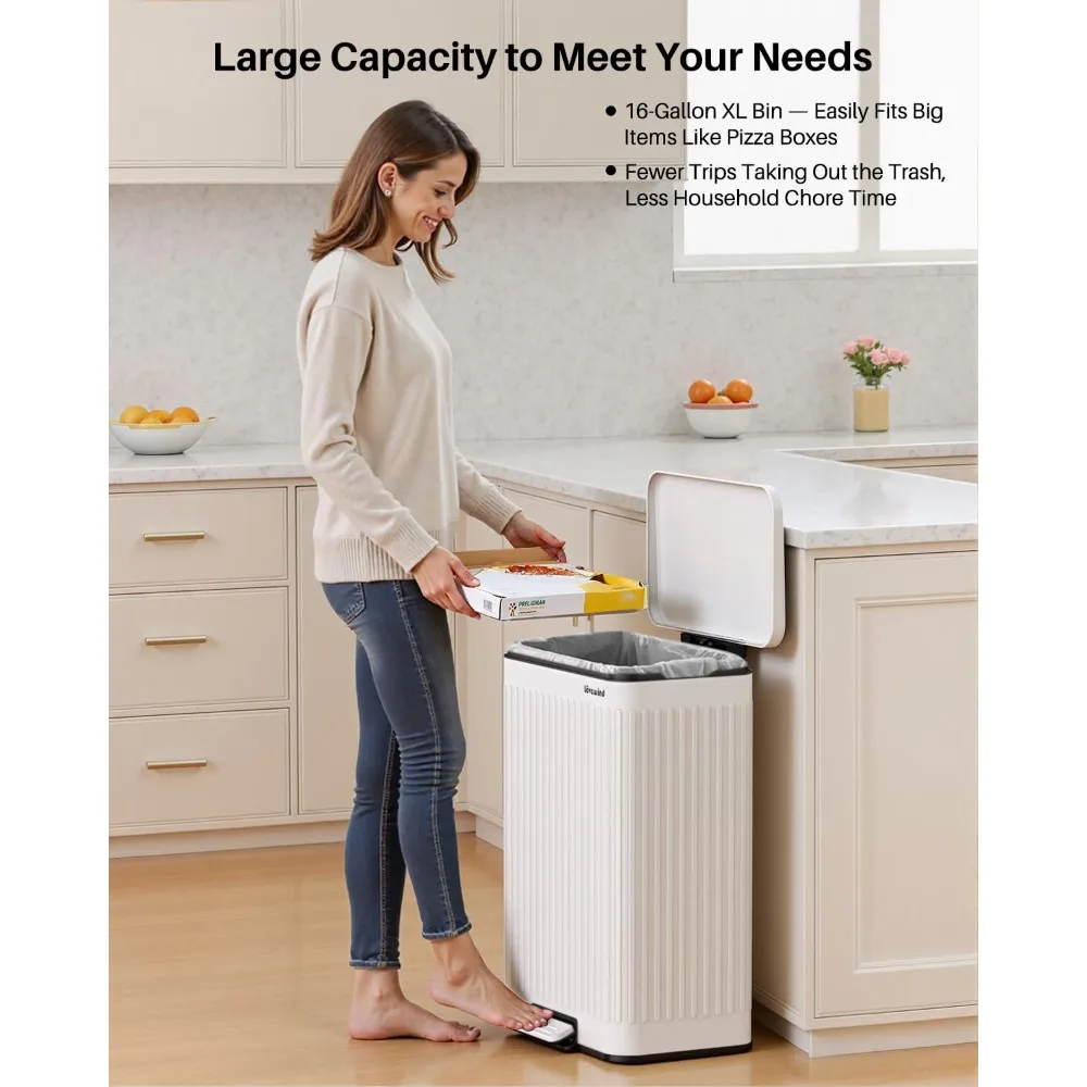 

US Shipping Hot New 60 Liter 16 Gallon Stainless Steel Trash Can with Soft Close Lid Large Footstep Garbage Can Roman Texture