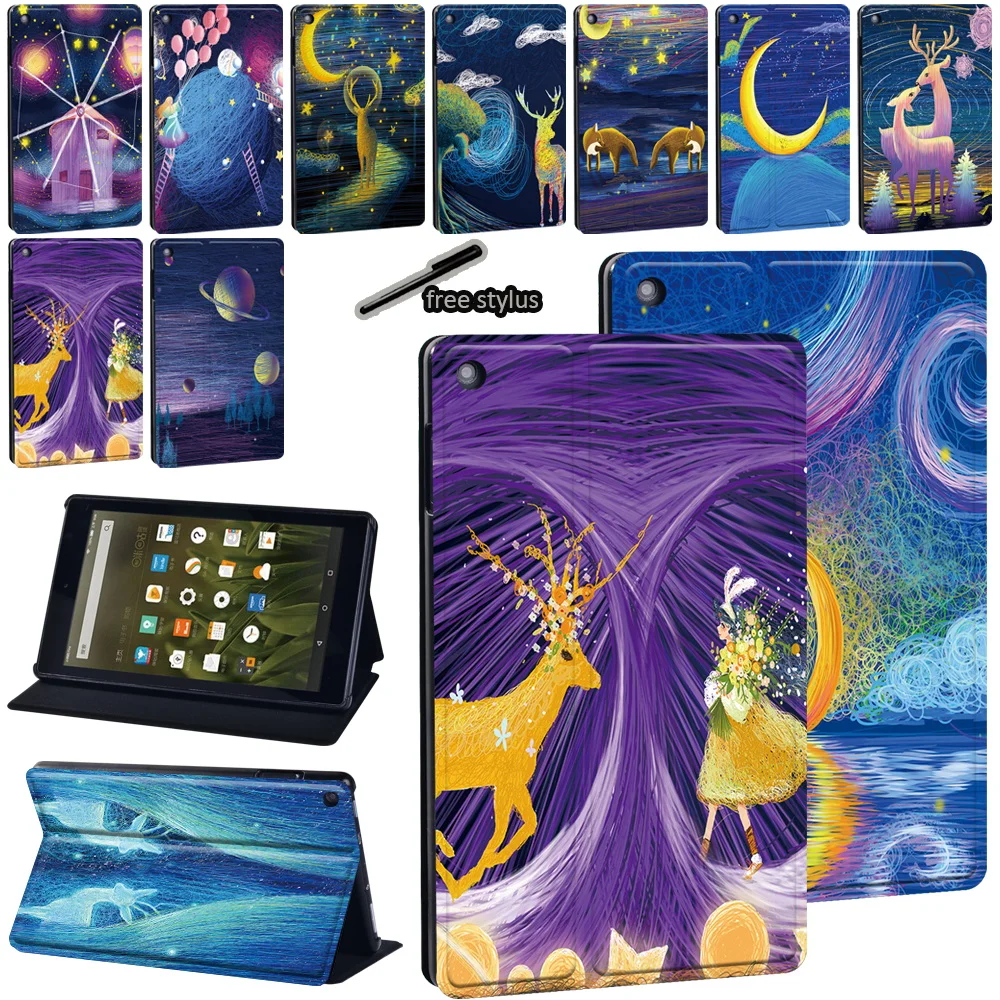 

For Amazon Fire 7 5th 7th 9th/HD 8 (6th 7th 8th Gen)/HD 10(5th 7th 9th) oil painting series PU Leather Tablet Stand Cover Case