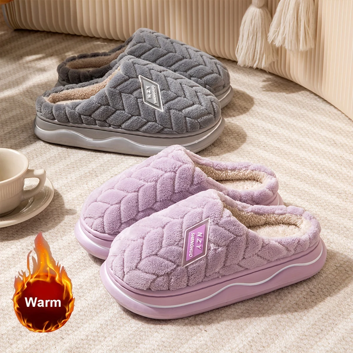 Warmth and Slip-Resistant Thick Sole Plush Slippers - Autumn and Winter Indoor Home Slippers for Women and Men's Couple image 2
