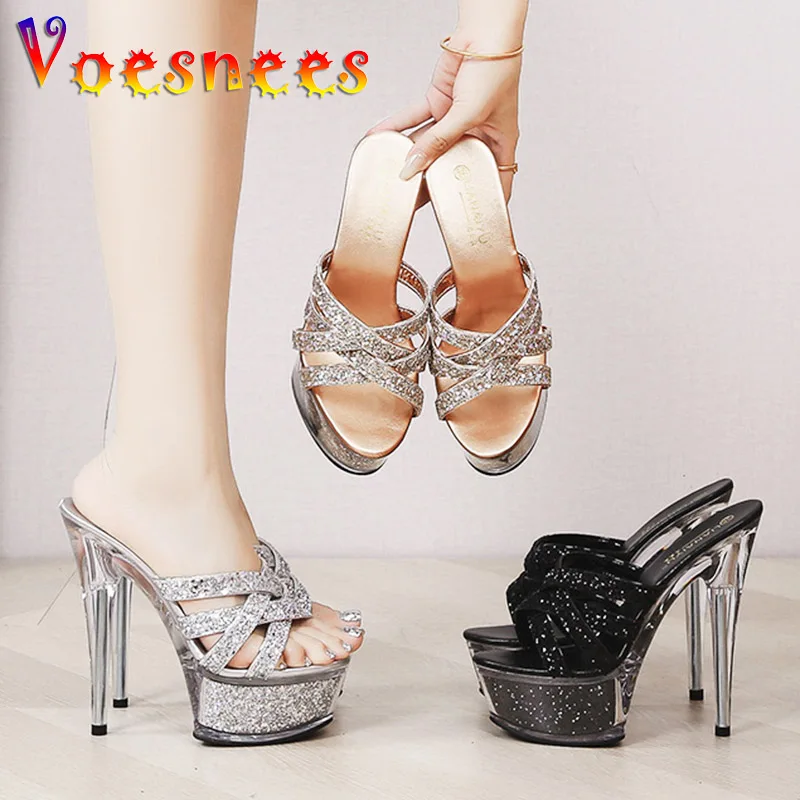 Women Thin Band Sandals Glamorous Sequin High Heels 14.5CM Summer Outdoor Fashion Slide Slippers 2023 New Nightclub Party Shoes