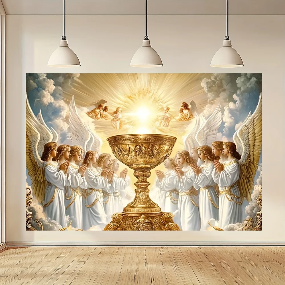 Holy Grail Tapestry Wall Hanging Religious Christian Art Angel Worship Golden Chalice Fabric Poster for Living Room Bedroom Home