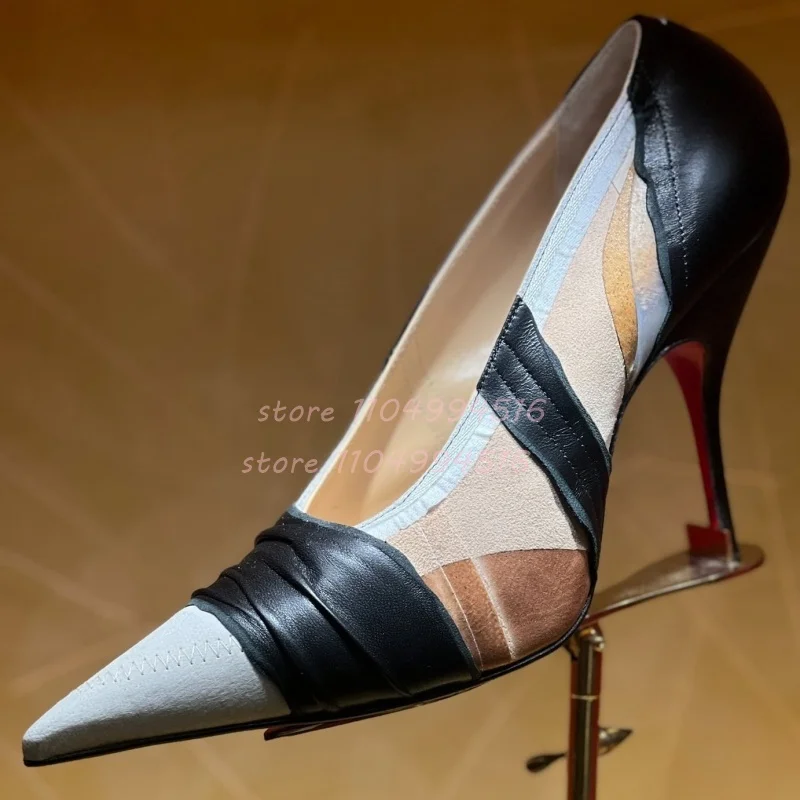 

Black White Striped Pointed Toe Leather Pumps Women Mixed Colors Pleated Shallow Thin Heels Lady Elegant Luxury Party Prom Shoes