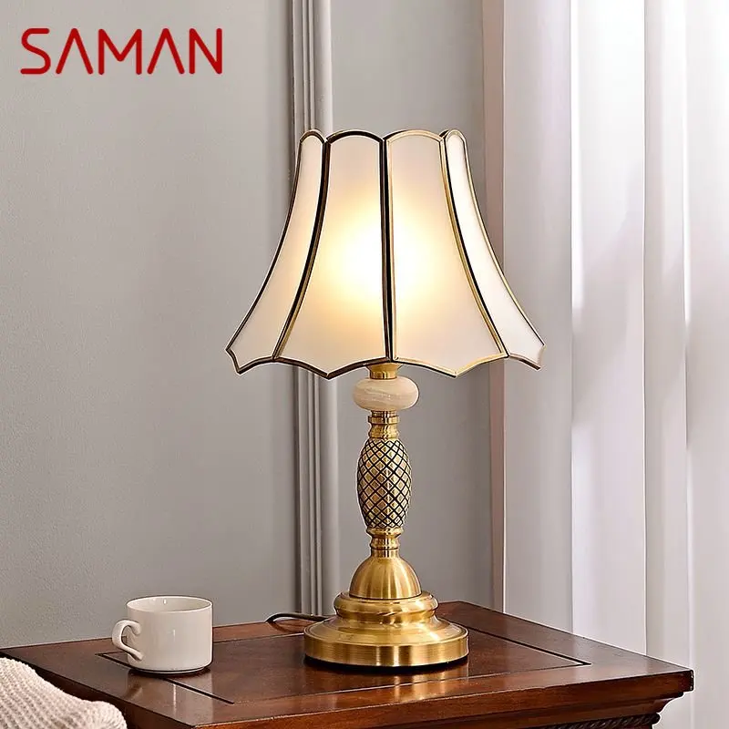 

SAMAN Modern Brass Table Lamp LED European Retro Luxury Creative Copper Glass Desk Lights for Home Living Room Bedroom