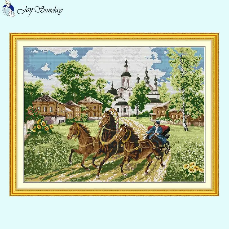 Galloping Horse Cross Stitch Kit Landscape Patterns Aida 14 16 11CT Counted Stamped Canvas Fabric Embroidery Home Decor Wall Art