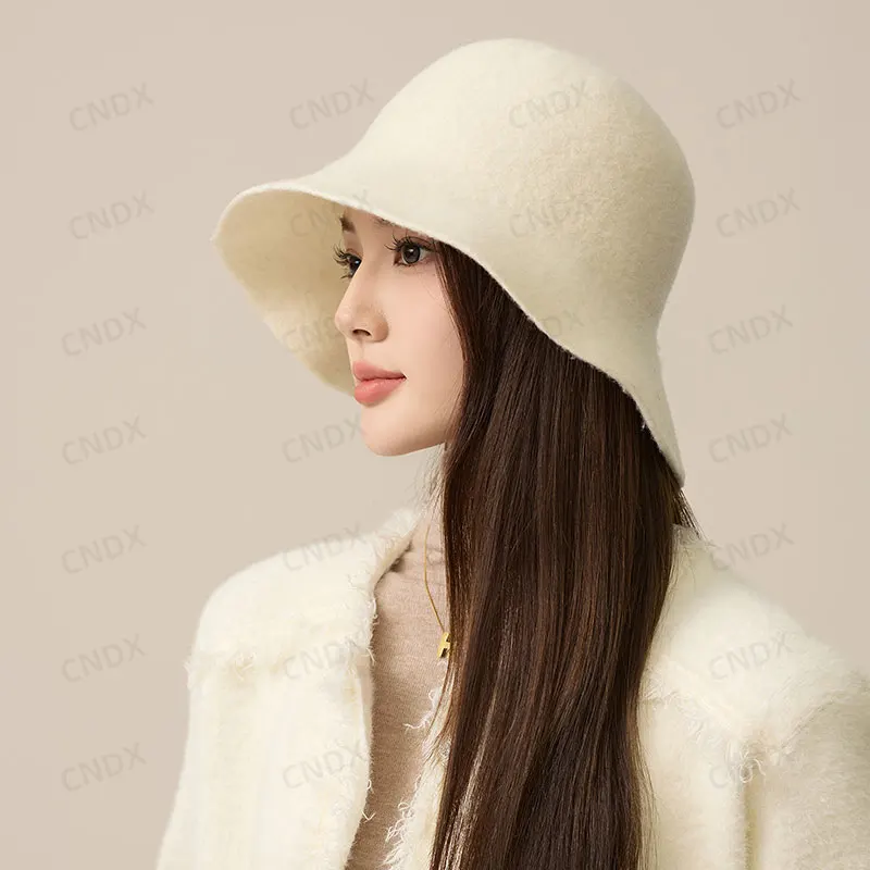 

Designer Japanese Wool Felt Bucket Hat for Women Fashion Trendy Plain Wool Blend Wide Brim 8cm Chic Autumn Winter Felt Hat