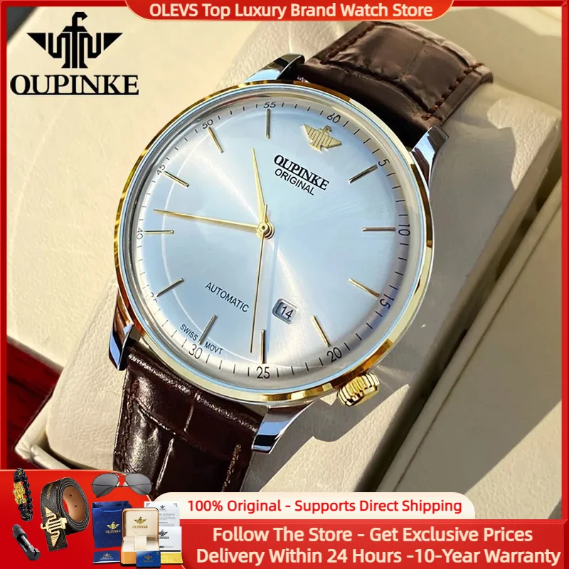 OUPINKE Luxury Brand Mechanical Wristwatch for Men Swiss Movement Original Leather Strap Sapphire Mirror Auto Date Wristwatches