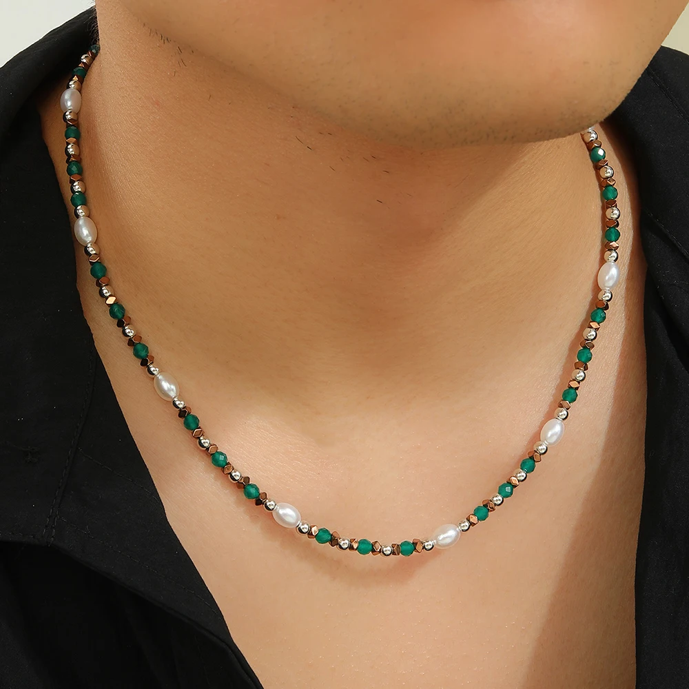 

French Green Crystal Imitation Pearl Necklace Men's Small Fresh Fashion Light Luxury Dopamine Beaded Long Necklace Jewelry