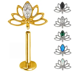 ASTM F136 Titanium Ear PIERC Hollow Lotus Earrings CZ Paved Top Threaded Labret Ear Stud Tragus Lip Ring Body Piercing Jewelry