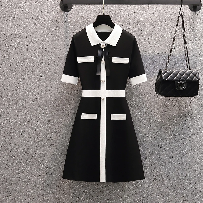 Knitting Women Beading dress 2024 Autumn Winter Long sleeve Polo Collar dress bow black mini female Sweater dresses vestido robe