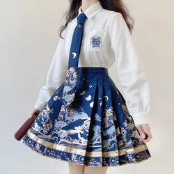Chinese Traditional Hanfu Clothing, Vintage JK Suit Printing, Folk Dance Skirt,Gold Stamping, improved Hanfu Horse Face Short Sk