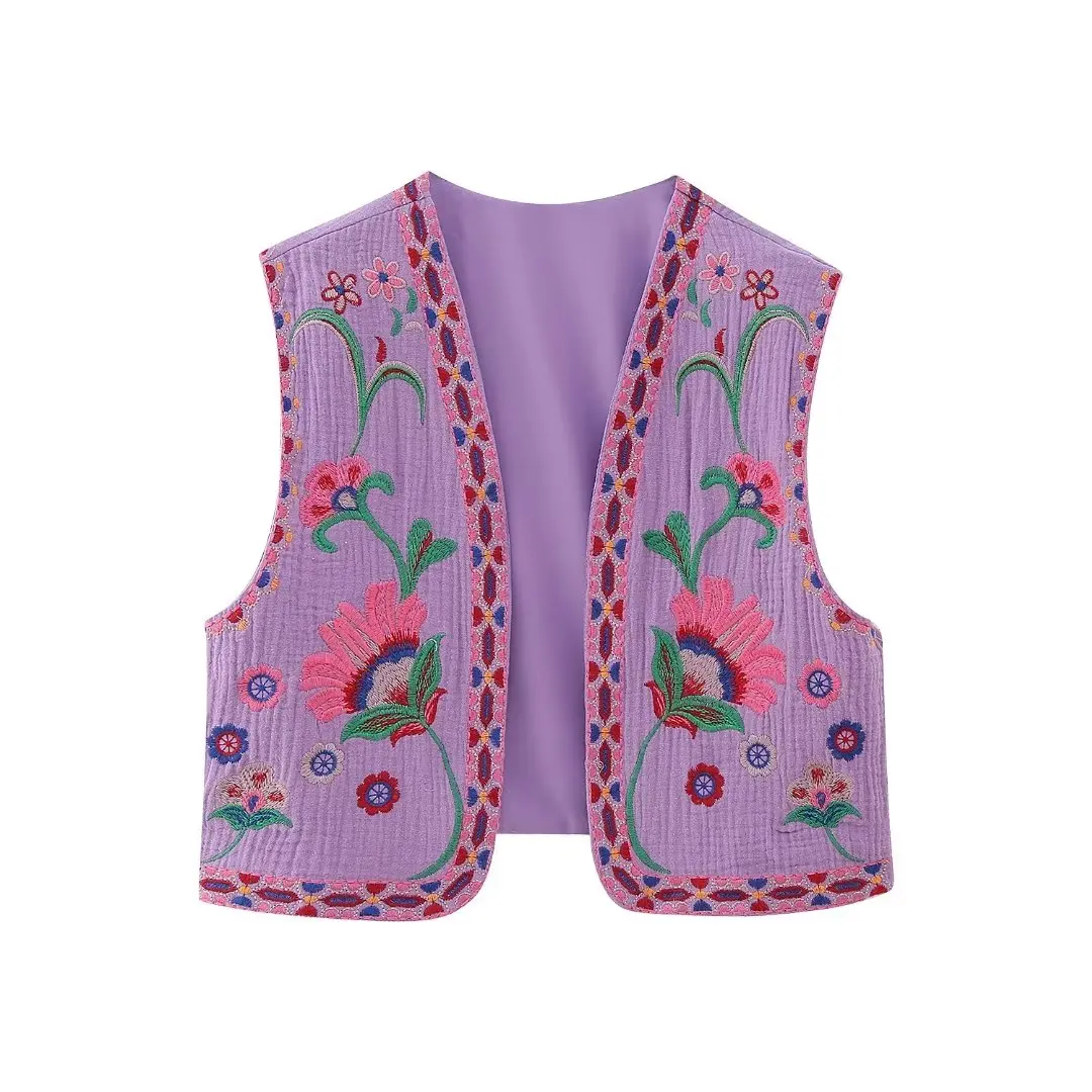 Traf Vintage Floral Embroidery Women Vest V Neck Short Crop Top Summer Slim Waistcoats Female Sleeveless Coat Y2k 2023 Thin