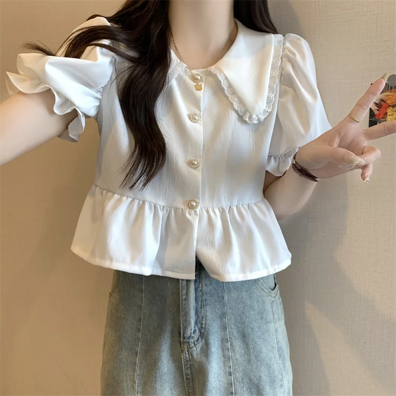 Shirts Dames Katoenmix Opstaande kraag Geplooid Lange mouw Zakelijk Formeel Chique knoopblouse voor studenten Preppy stijl Dagelijks