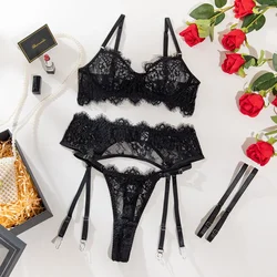 Sexy Black Lace Underwear Set Women Sweet Thin Hollow Out Breathable Underwear Three Point Shaping Back Gathering Four Piece Set